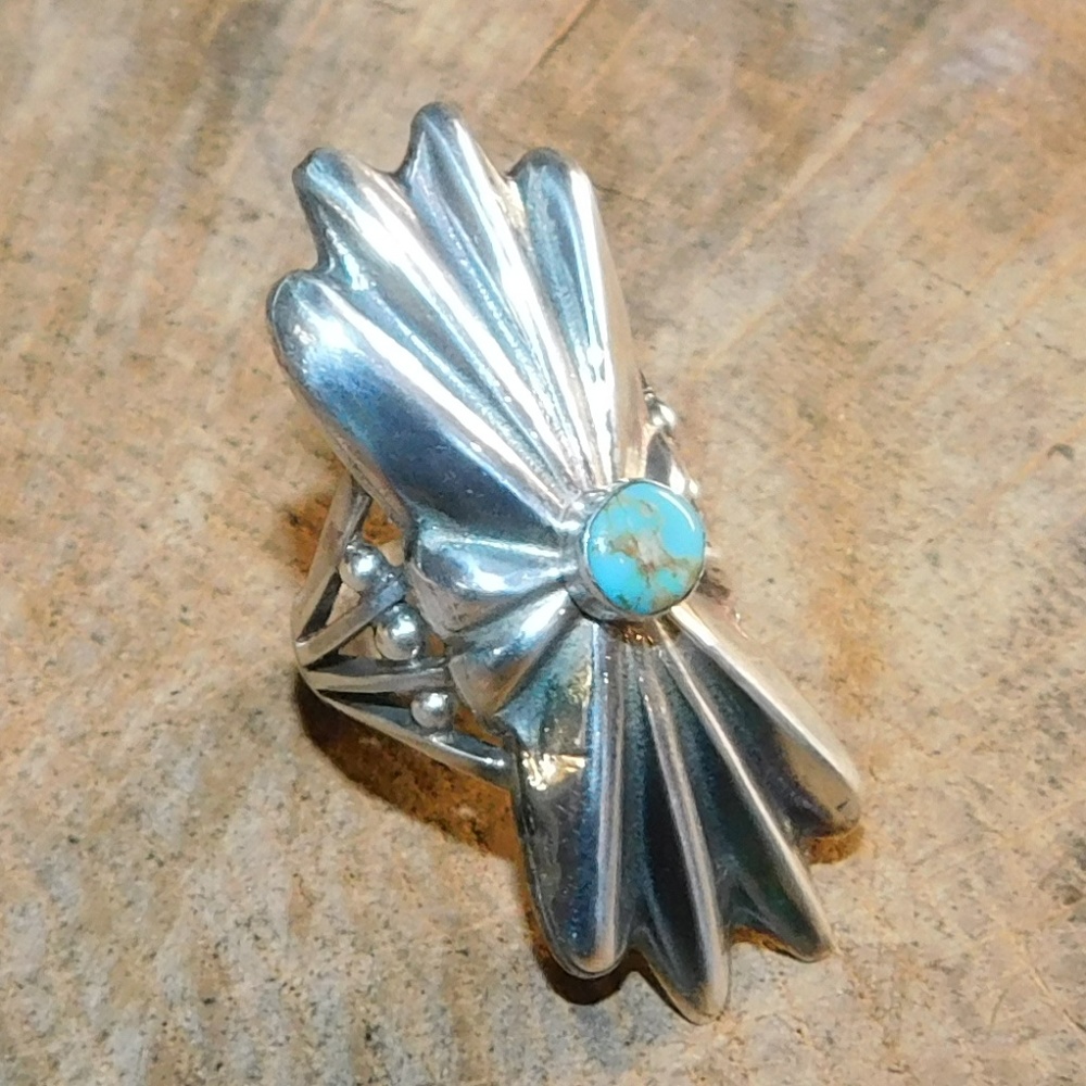 LARGE Sterling Handmade  Concho Turquoise Ring